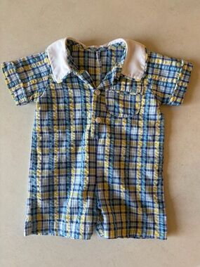 Plaid Short-Sleeve Romper with White Collar - Blue & Yellow 6M